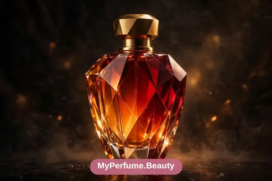 Luxurious red perfume bottle with crystal details, Baccarat Rouge style elegance