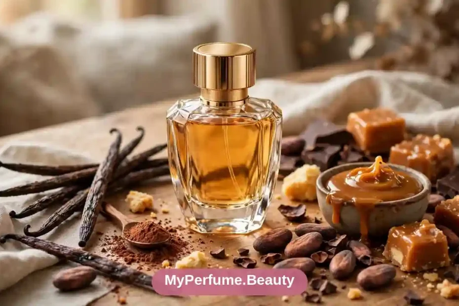 Luxury perfume bottle surrounded by vanilla pods and warm caramel dessert tones