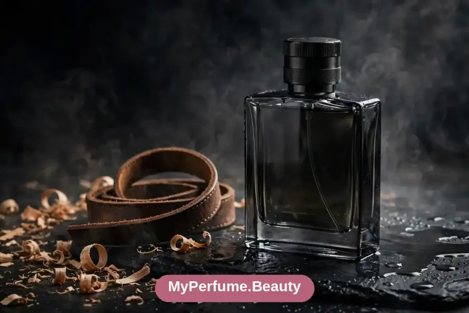 Elegant men's cologne bottle with dark woods and spices, masculine luxury fragrance
