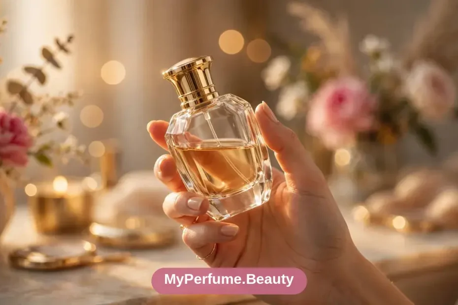Elegant luxury perfume bottle held in a woman's hand in warm golden light