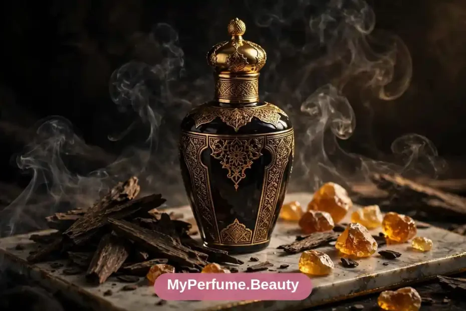 Dark luxurious oud wood chips with an elegant perfume bottle, smoky mysterious atmosphere