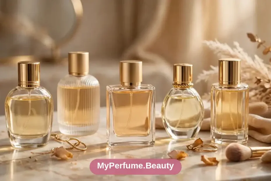 Elegant perfume bottles on a luxury vanity table with soft golden lighting