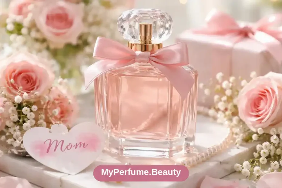 Elegant perfume bottle presented as a gift for mom with soft flowers