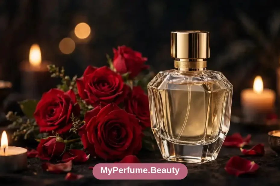 Elegant perfume bottle in warm candlelight with red roses, romantic evening atmosphere