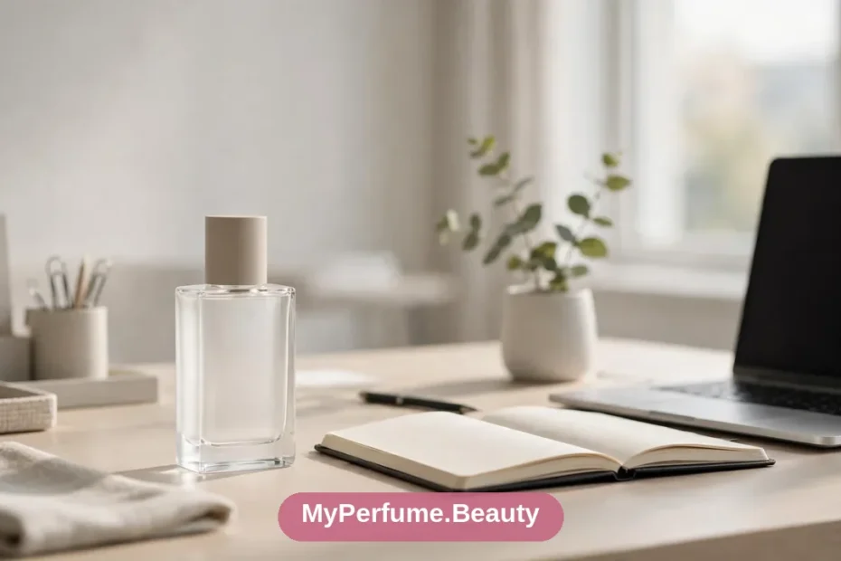Minimal elegant perfume bottle on a bright modern office desk