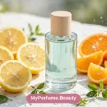 Fresh citrus perfume bottle with lemons and ocean waves, bright summer fragrance