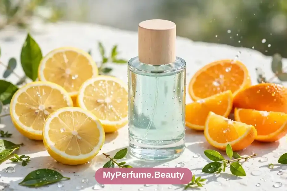 Fresh citrus perfume bottle with lemons and ocean waves, bright summer fragrance