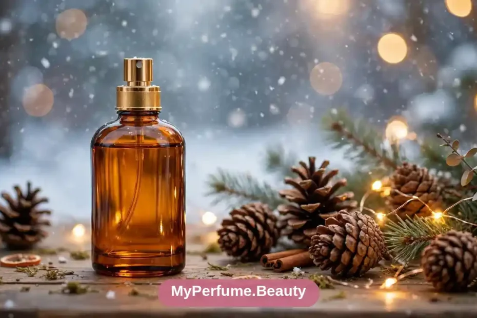 Amber perfume bottle with pine cones and warm fairy lights on a cozy winter table