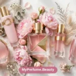 Collection of luxury women's perfume bottles in elegant pink and gold tones