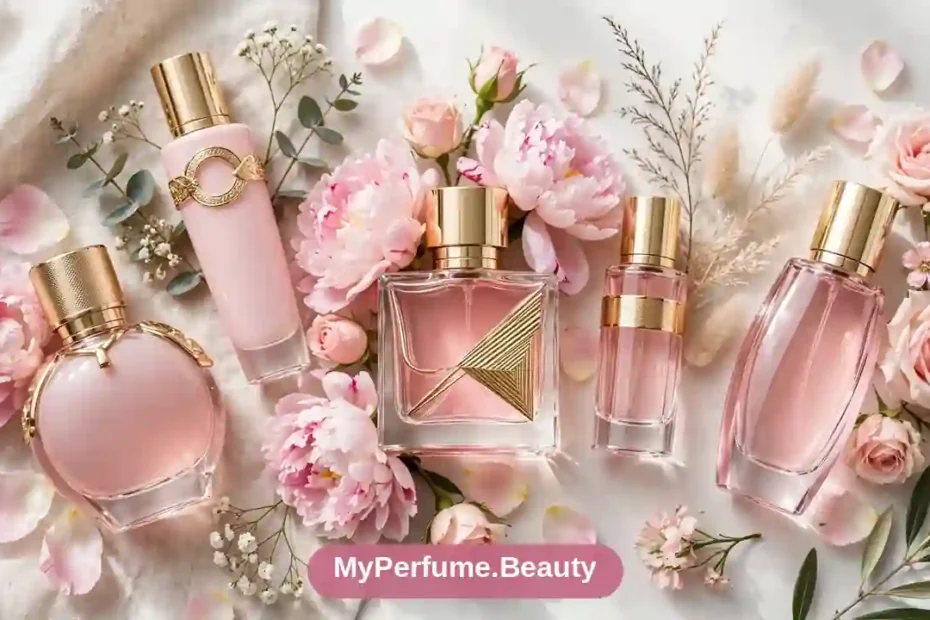 Collection of luxury women's perfume bottles in elegant pink and gold tones