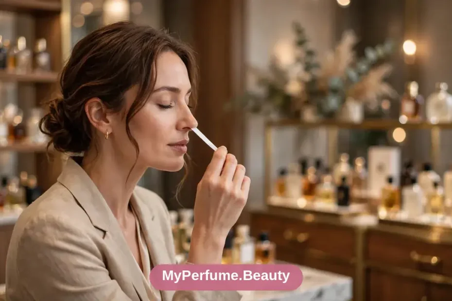 Woman smelling a perfume testing strip in an elegant perfume boutique