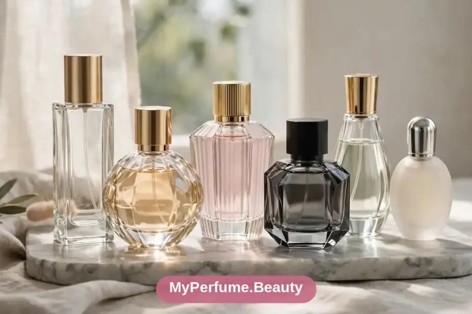 Several elegant perfume bottles arranged together on a marble tray for layering