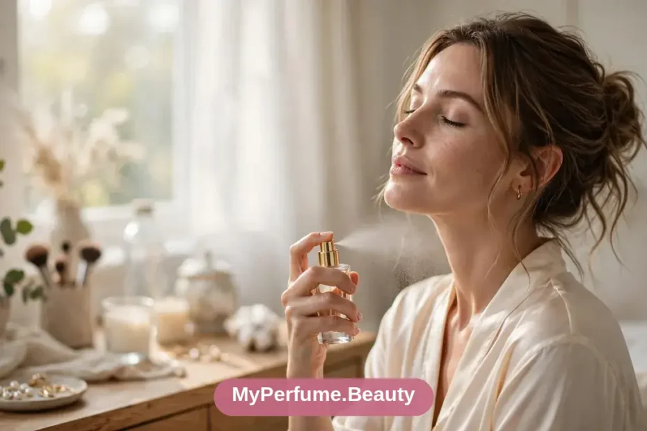 Woman applying perfume to her neck to make the fragrance last longer