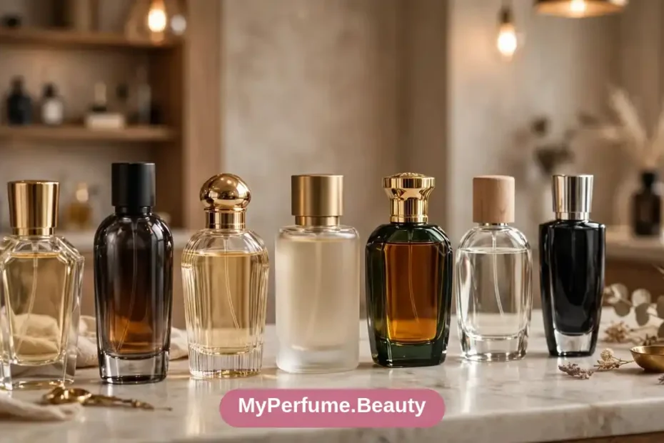 Row of luxury designer and niche perfume bottles on a boutique display counter