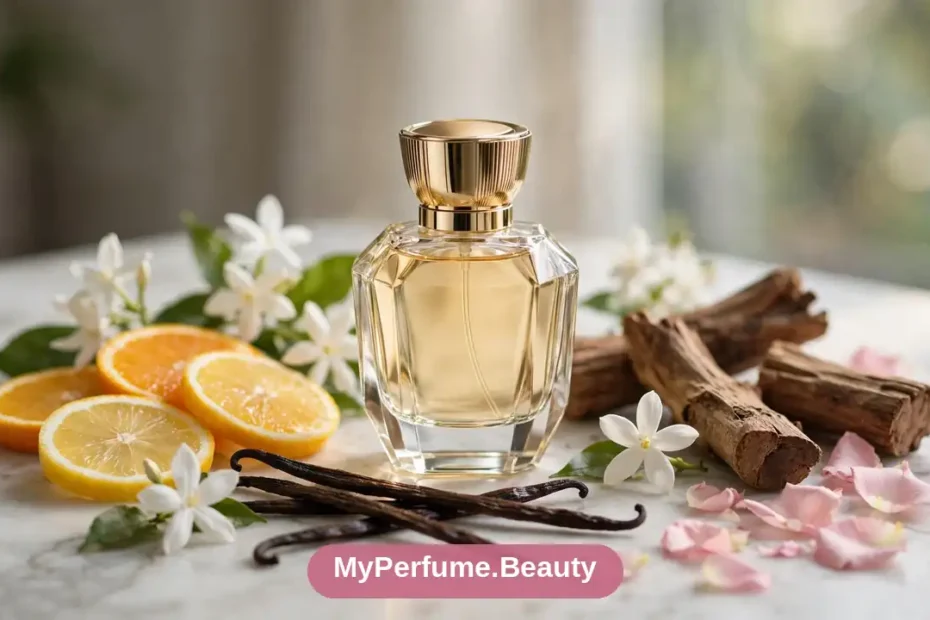 Perfume bottle surrounded by citrus, flowers, vanilla and wood representing fragrance notes