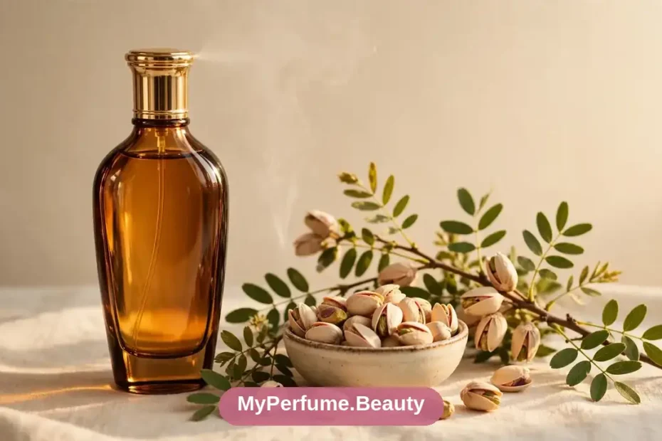 Perfume bottle with roasted pistachios and creamy vanilla tones, nutty sweet fragrance